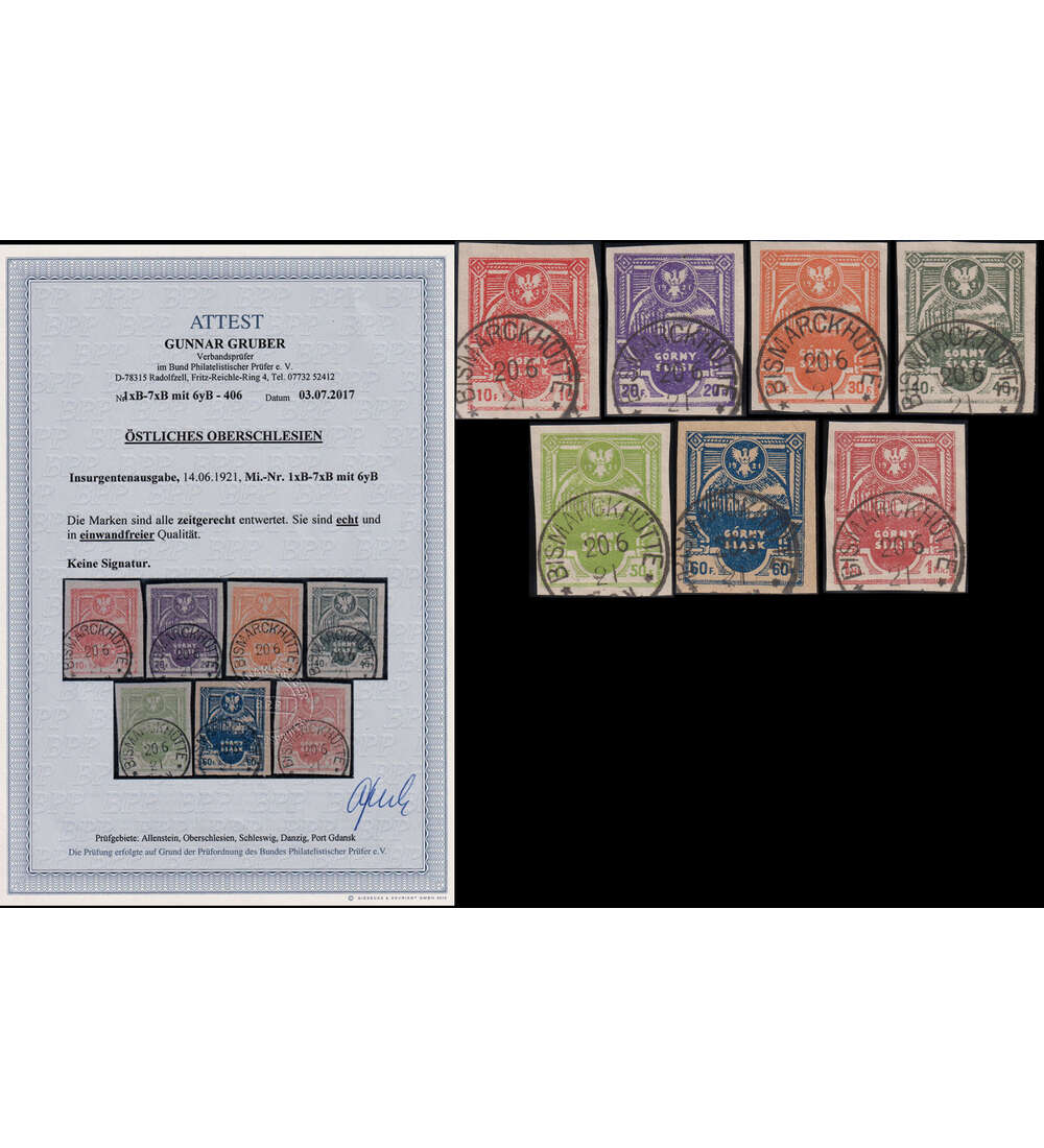 stliches Oberschlesien Nr. 1-7 B gestempelt mit Fotoattest Insurgenten-Satz