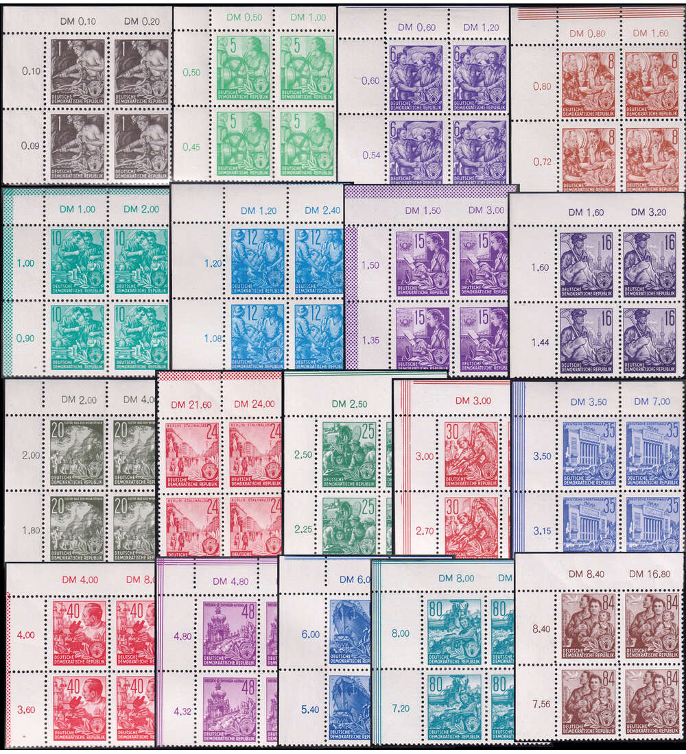 DDR F�nfjahrplan 1953 Nr. 362-379 postfrisch im Eckrand - Viererblock