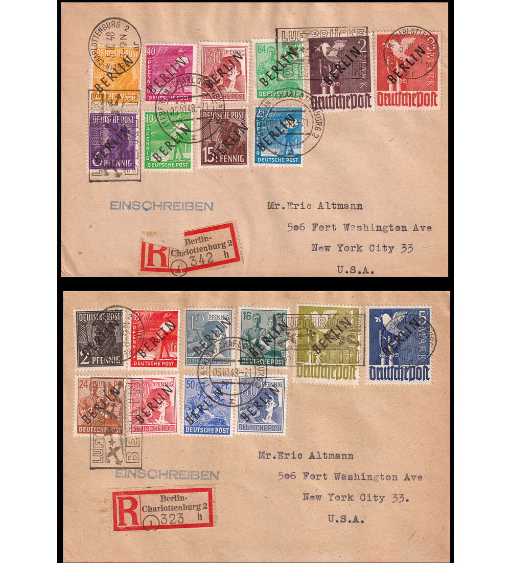 Berlin Schwarzaufdruck Nr. 1-20 auf Einschreibe- Briefen nach New York