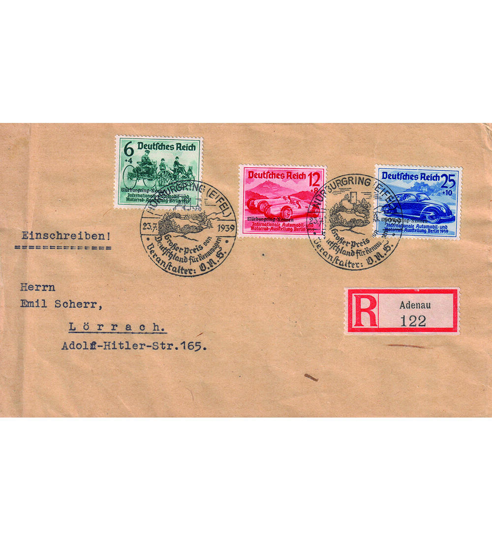 Dt. Reich Nrburgring Nr. 695-697 gestempelt auf Einschreibebrief