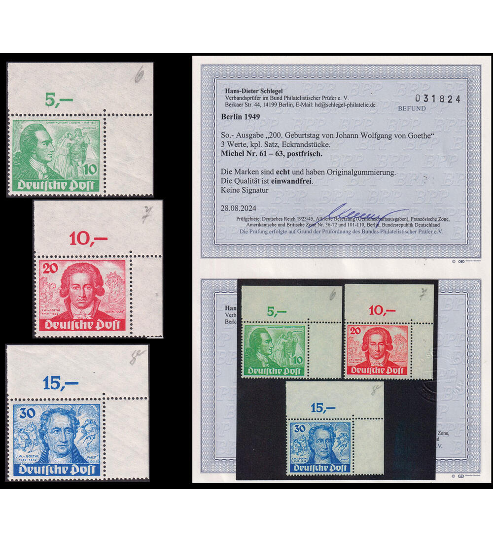 Berlin Nr. 61-63 Goethe 1949 postfrisch Eckrand oben rechts mit Farbfotoattest Schlegel