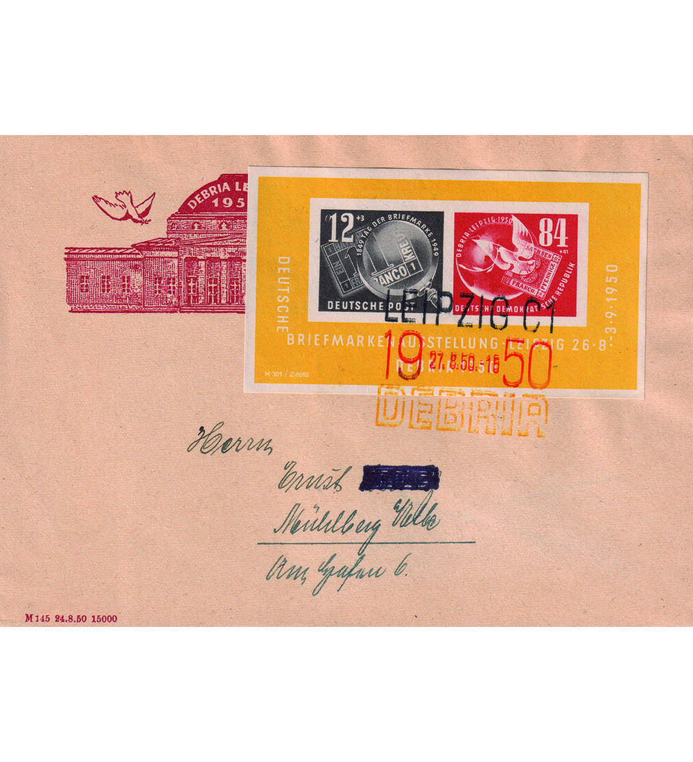 DDR DEBRIA-Block auf Schmuck-Brief mit dem 3-Farben-Sonderstempel
