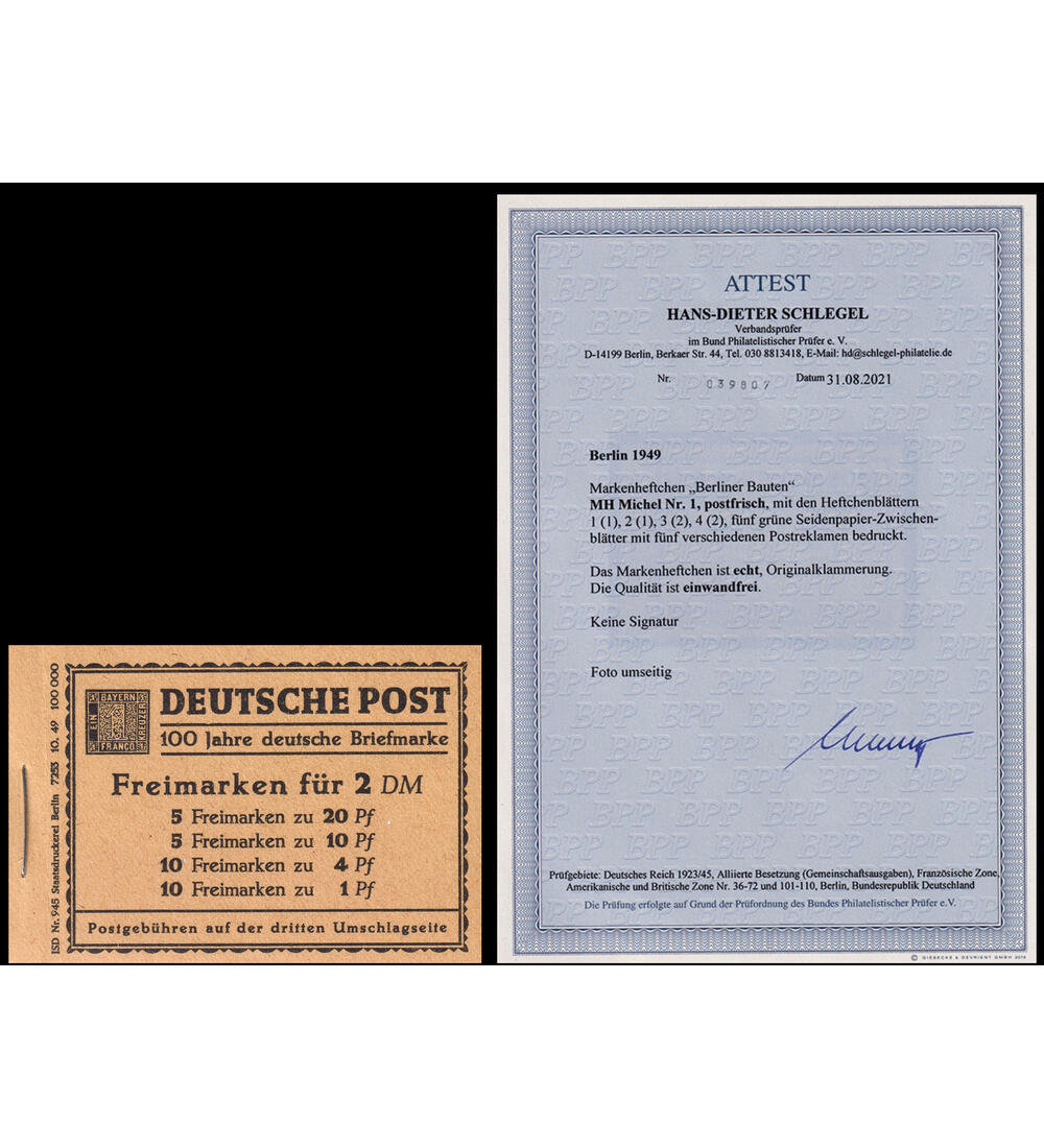 Berlin-Markenheft 1 postfrisch mit Farbfotoattest Schlegel Bauten 1949