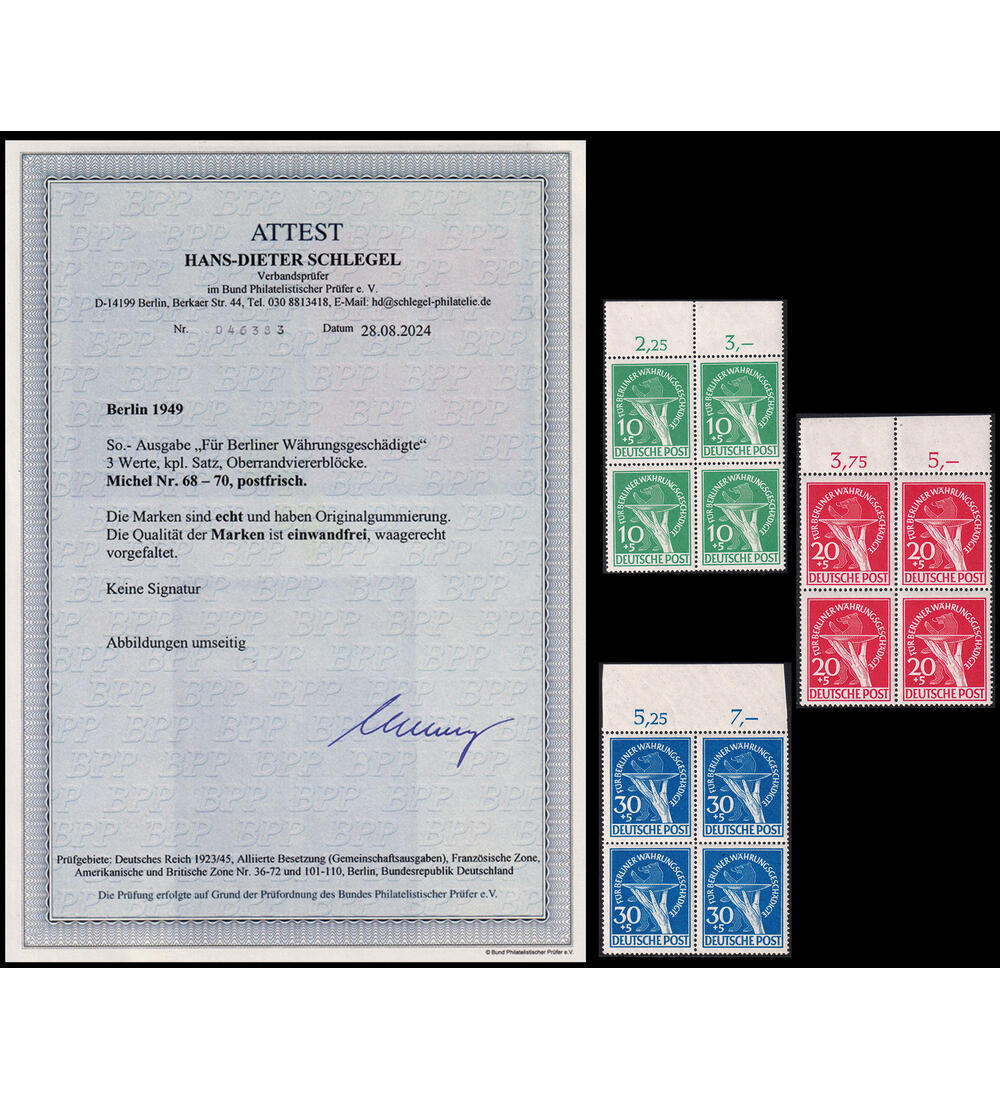 Berlin Nr. 68-70 Viererblock postfrisch vom Oberrand mit Farbfotoattest Schlegel