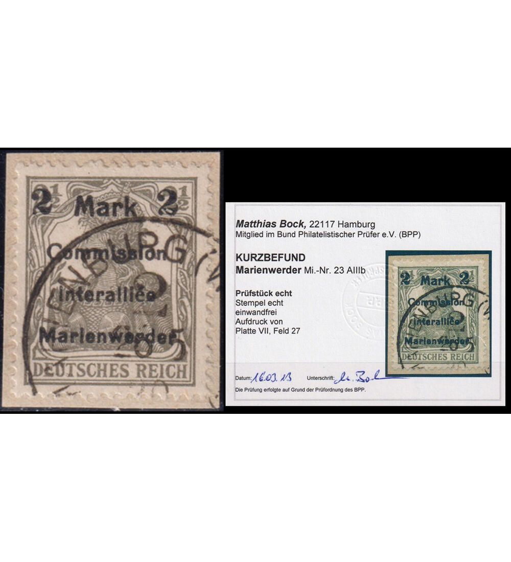 Marienwerder Aufdruckwert Nr. 23 A gestempelt auf Briefst�ck mit Echtheitsbefund