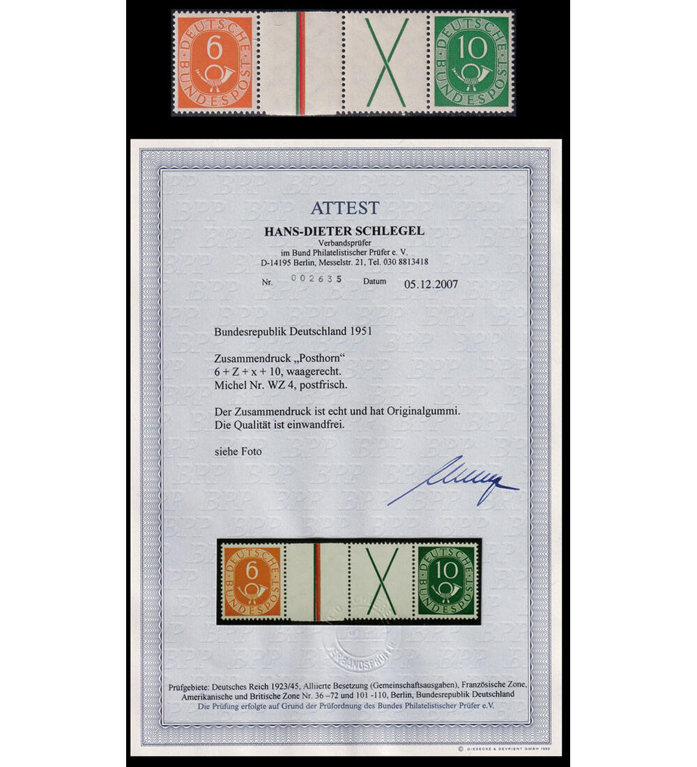 BRD Posthorn-Zusammendruck Nr. WZ 4 postfrisch mit Farbfotoattest Schlegel