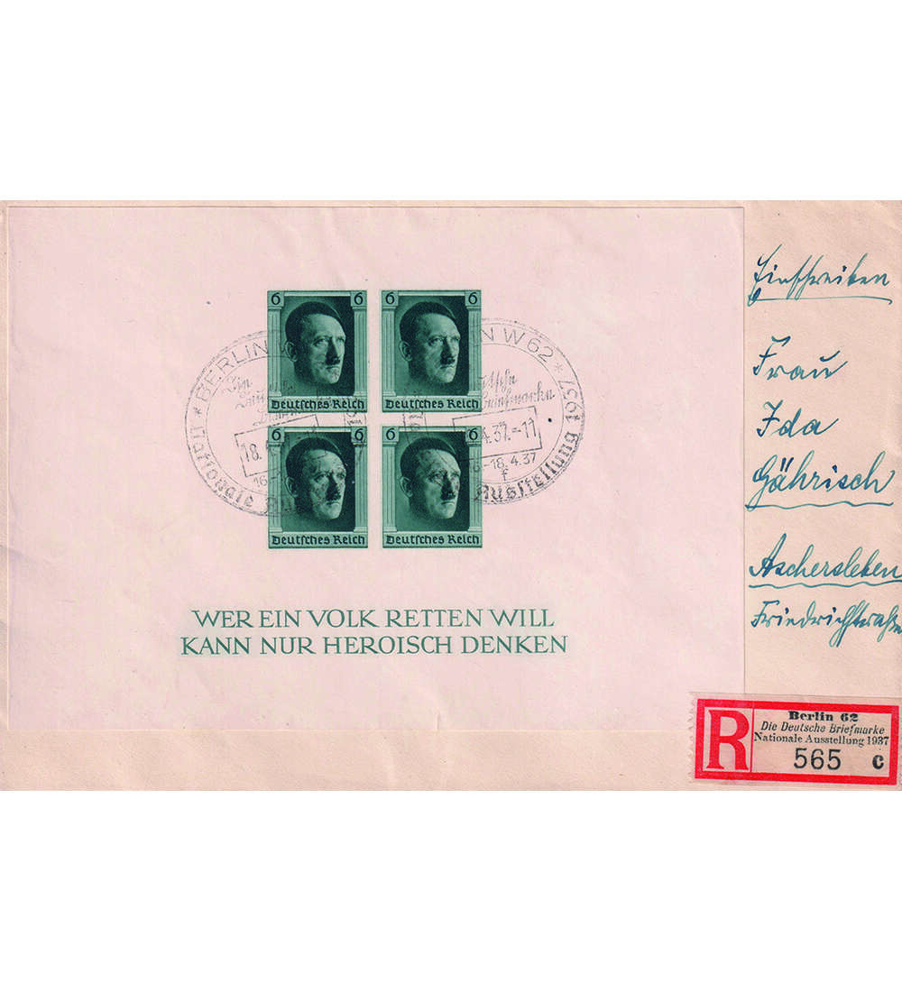 Deutsches Reich Hitler-Block Block 8 auf Einschreibebrief mit Sonderstempel