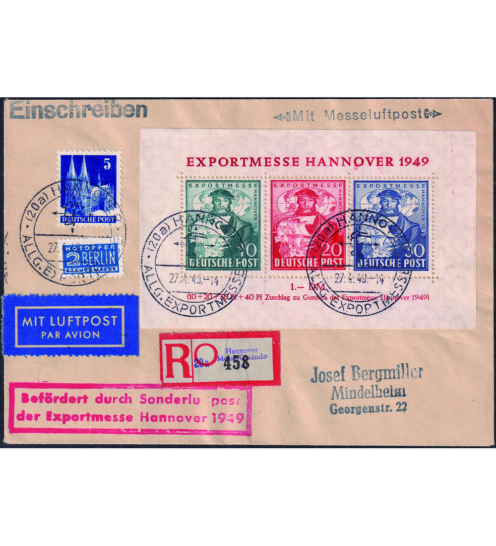 Alliierte Besetzung - Block 1 gelaufenem Einschreibebrief Hannover-Messeblock