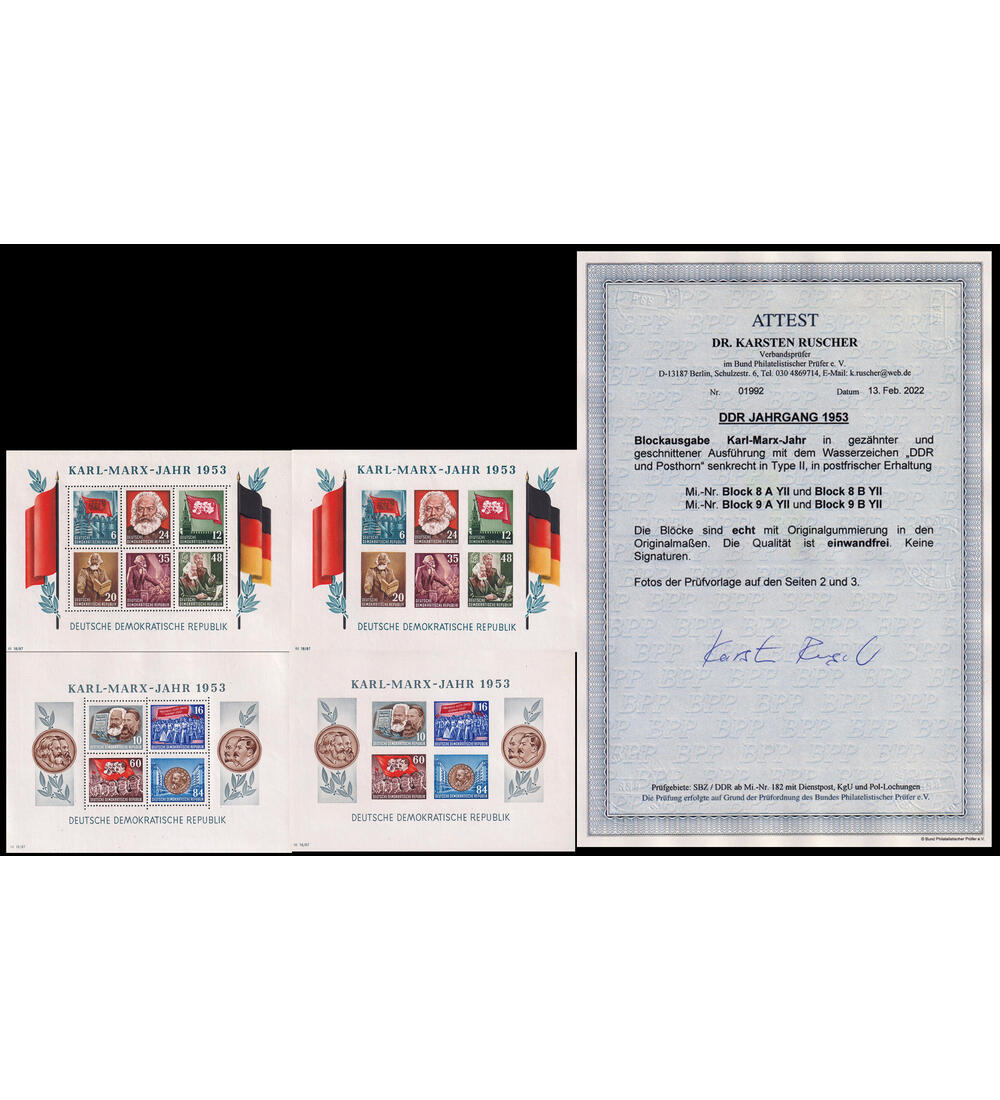 DDR Marx-Blocks postfrisch Nr. Block 8/9 A/B Y II mit Farbfotoattest