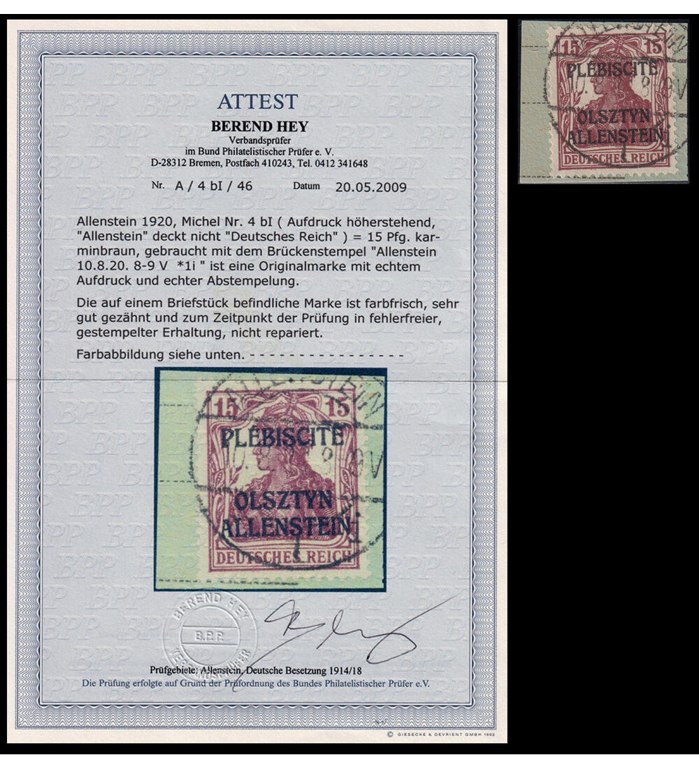 Allenstein - Rarit�t Nr. 4 I b gestempeltes Brief- st�ck mit Farbfotoattest Hey