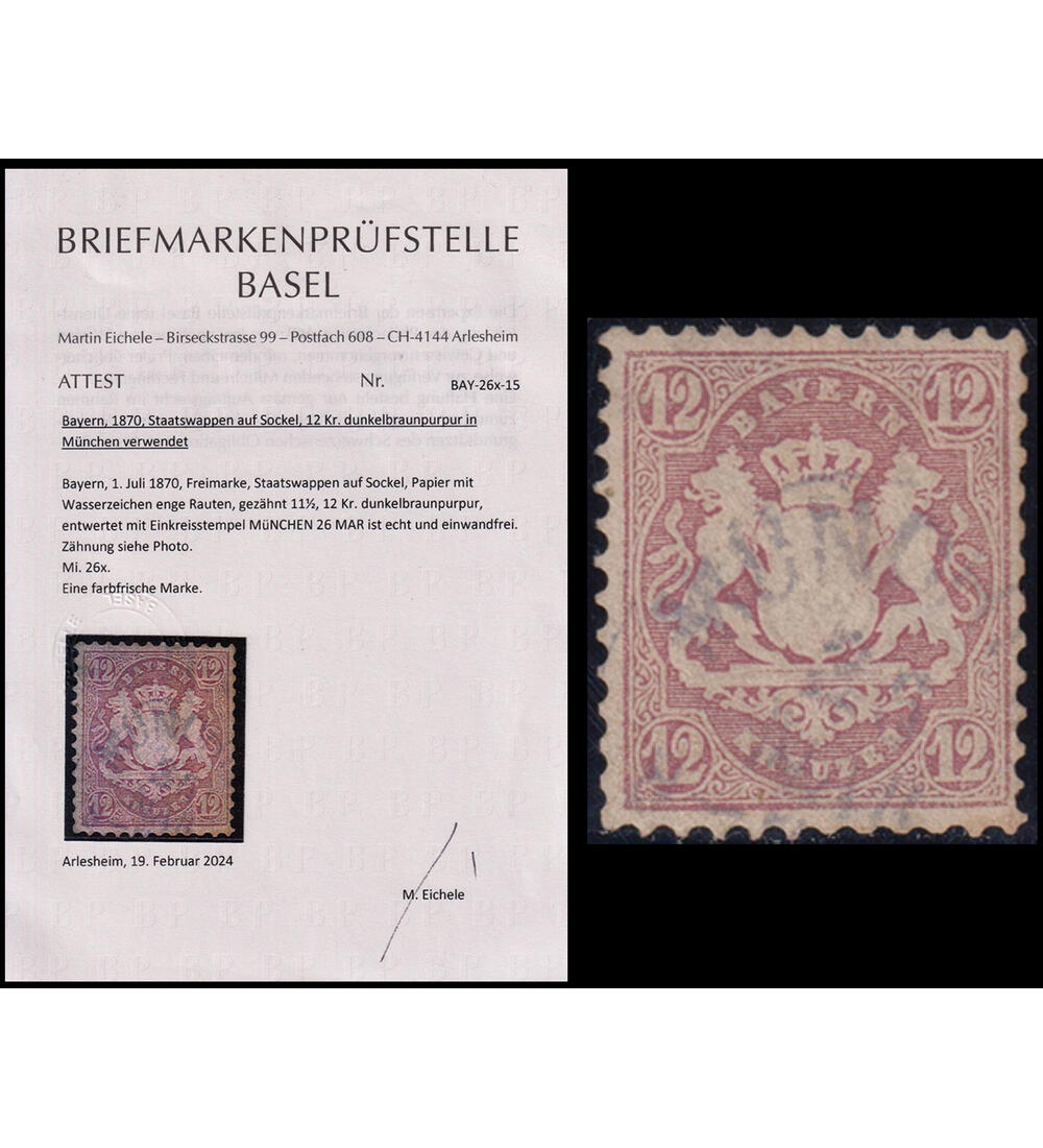 Bayern Nr. 26 X gestempelt mit Farbfotoattest 12 Kreuzer Staatswappen