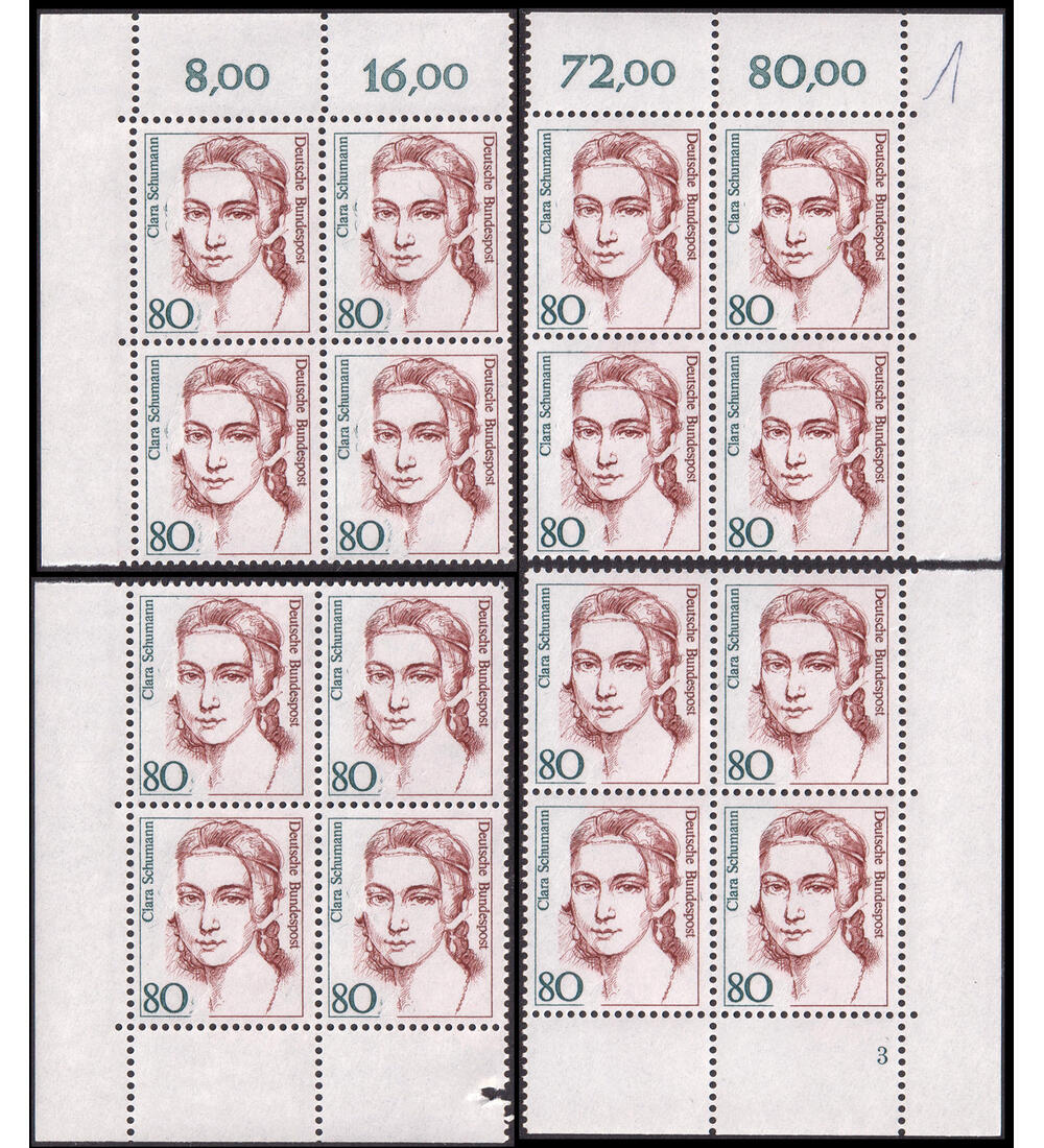 BRD-Abart fehlende Locke Nr. 1305 I postfrisch Viererbl�cke aus allen 4 Bogenecken