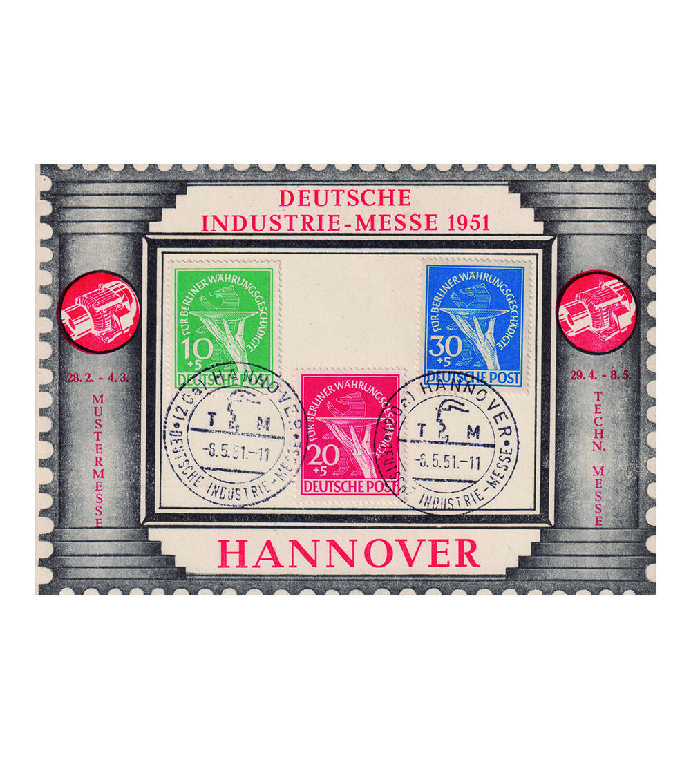 Berlin W�hrungsgesch�digte Nr. 68-70 mit Sonderstempel Beleg zur Dt. Industrie Messe