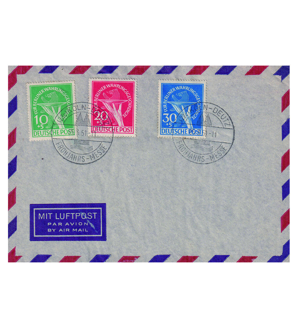 Berlin W�hrungsgesch�digte Nr. 68-70 a. Luftpost-Umschlag Sonderstempel Fr�hjahrsmesse