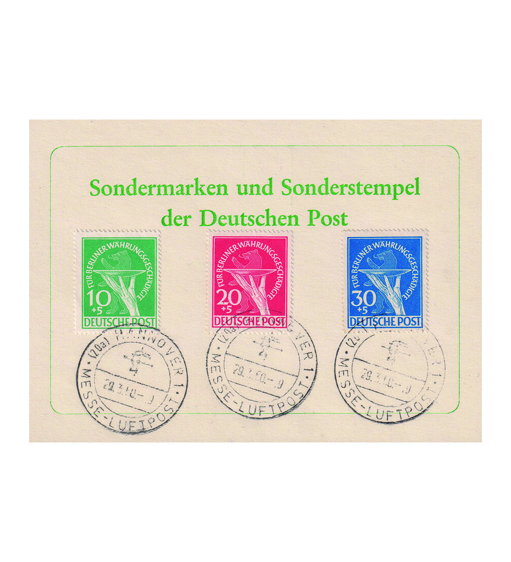 Berlin W�hrungsgesch�digte Nr. 68-70 auf Stempel-Karte Sonderstempeln Hannover-Messe