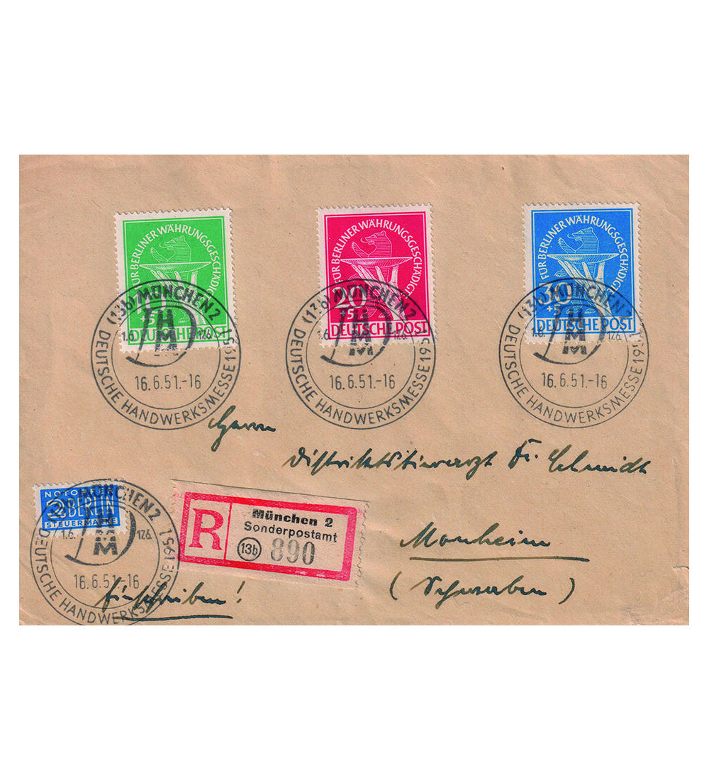 Berlin W�hrungsgesch�digte Nr. 68-70 a. Einschreibe-Brief Dt. Handwerksmesse M�nchen