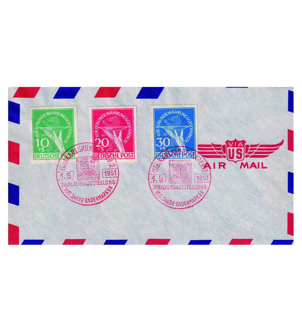 Berlin Whrungsgeschdigte Nr. 68-70 Luftpost-Umschlag roter SST 100 J. Briefmarken