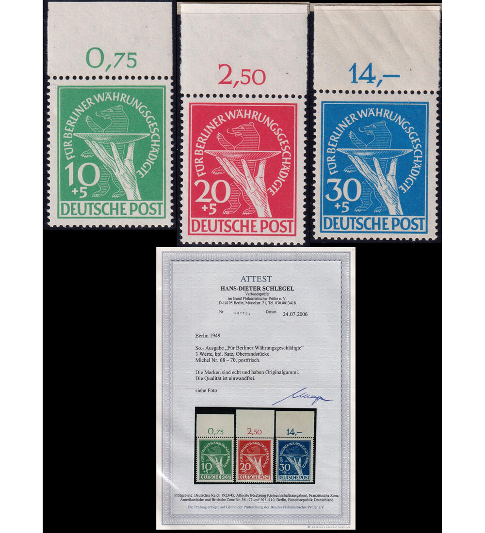 Berlin Whrungsgeschdigte Nr. 68-70 postfrischer Ober- rand, Farbfotoattest Schlegel