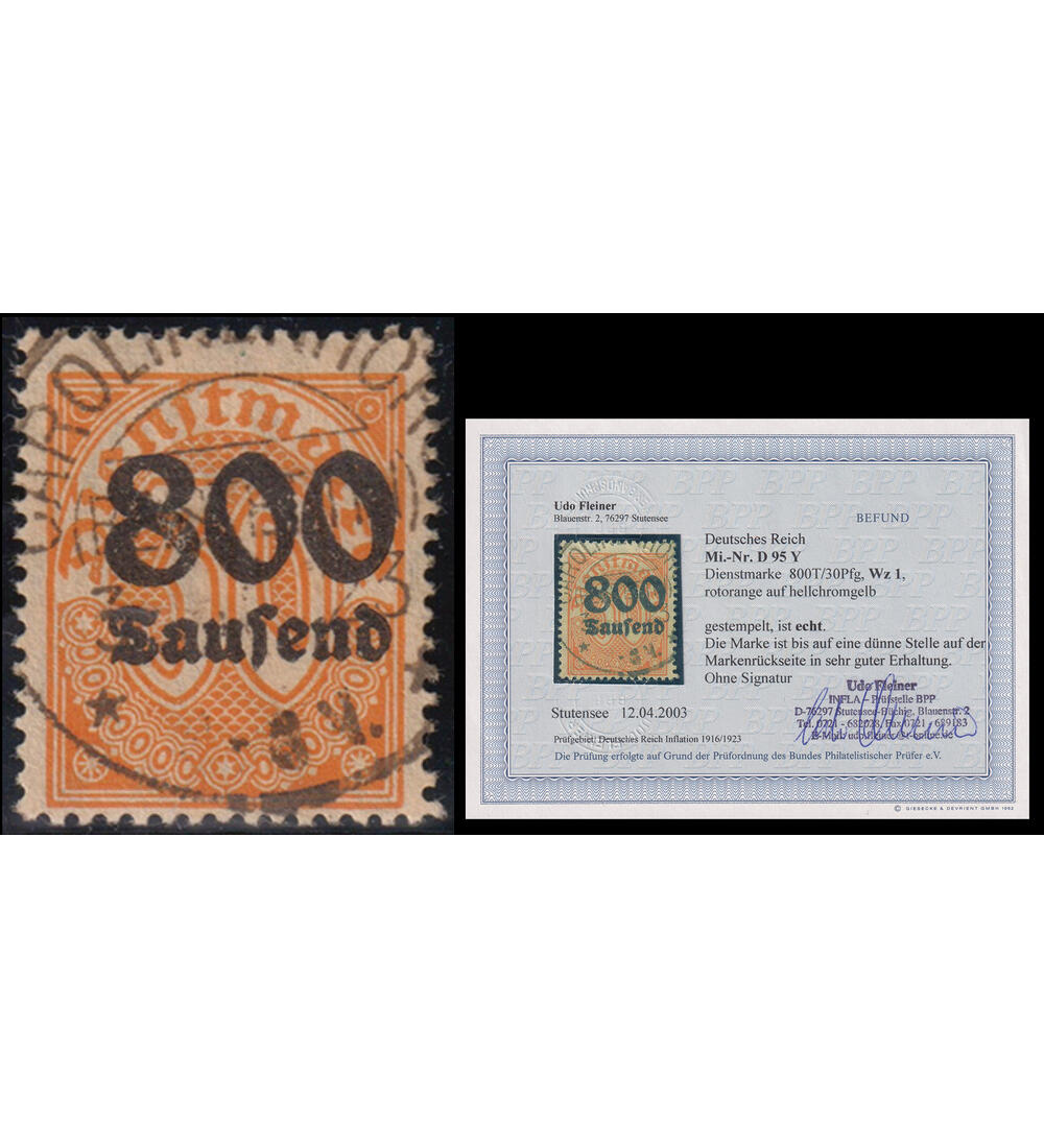 Deutsches Reich Nr. D 95 Y echt u. zeitgerecht gestempelt mit Farbfotoattest
