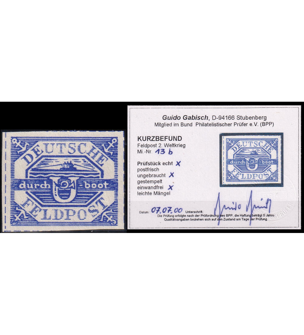 Dt. Feldpost U-Boot-Marke Nr. 13 ungebraucht, Farbfotoattest echt und einwandfrei