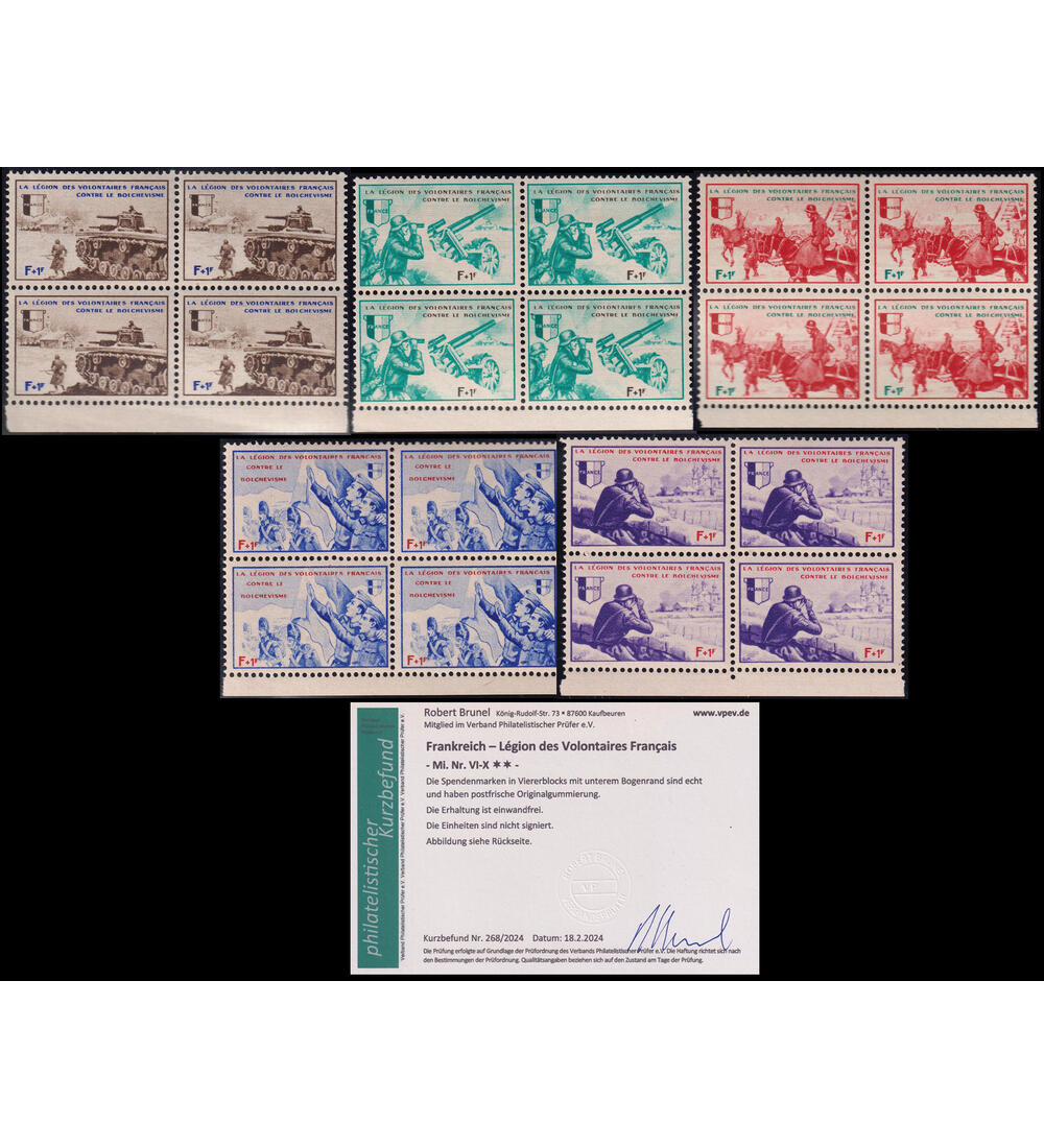 Deutsche Bestzung Frankreich Nr. VI-X postfrische Viererblcke mit Farbfotobefund