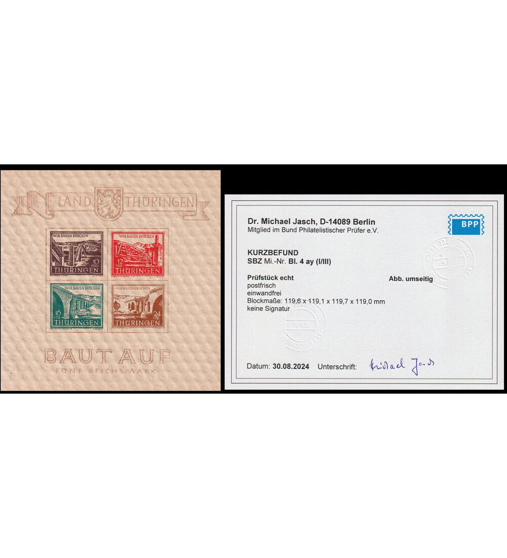 SBZ Block 4 ay postfrisch Br�cken-Block 1946 Farbfotoattest echt u. einwandfrei