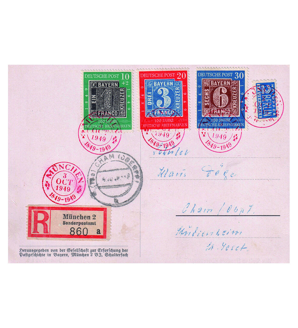 BRD 100 Jahre dt. Briefmarken Nr.113-115 auf Sonderbeleg mit roten Sonderstempeln