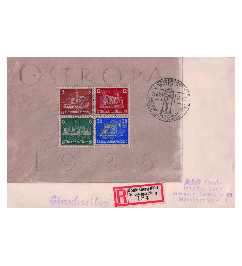 Deutsches Reich OSTROPA 1935 Block 3 auf Einschreibe-Brief mit Ostropa-Sonderstempel