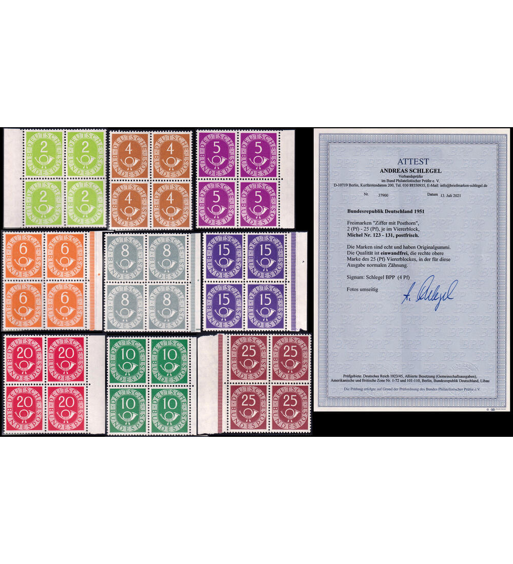 BRD Posthorn Viererblocks Nr. 123-131 postfrisch Farbfotoattest Schlegel
