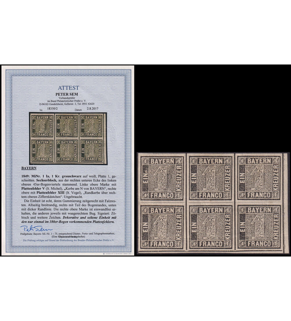 Der Bayern Einser Nr. 1 Ia Gummierung zeitgerecht mit Falzrest + Farbfotoattest Sem