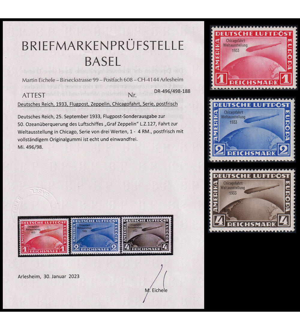 Dt. Reich Chicago-Fahrt 1933 Nr. 496-498 postfrisch mit Farbfotoattest