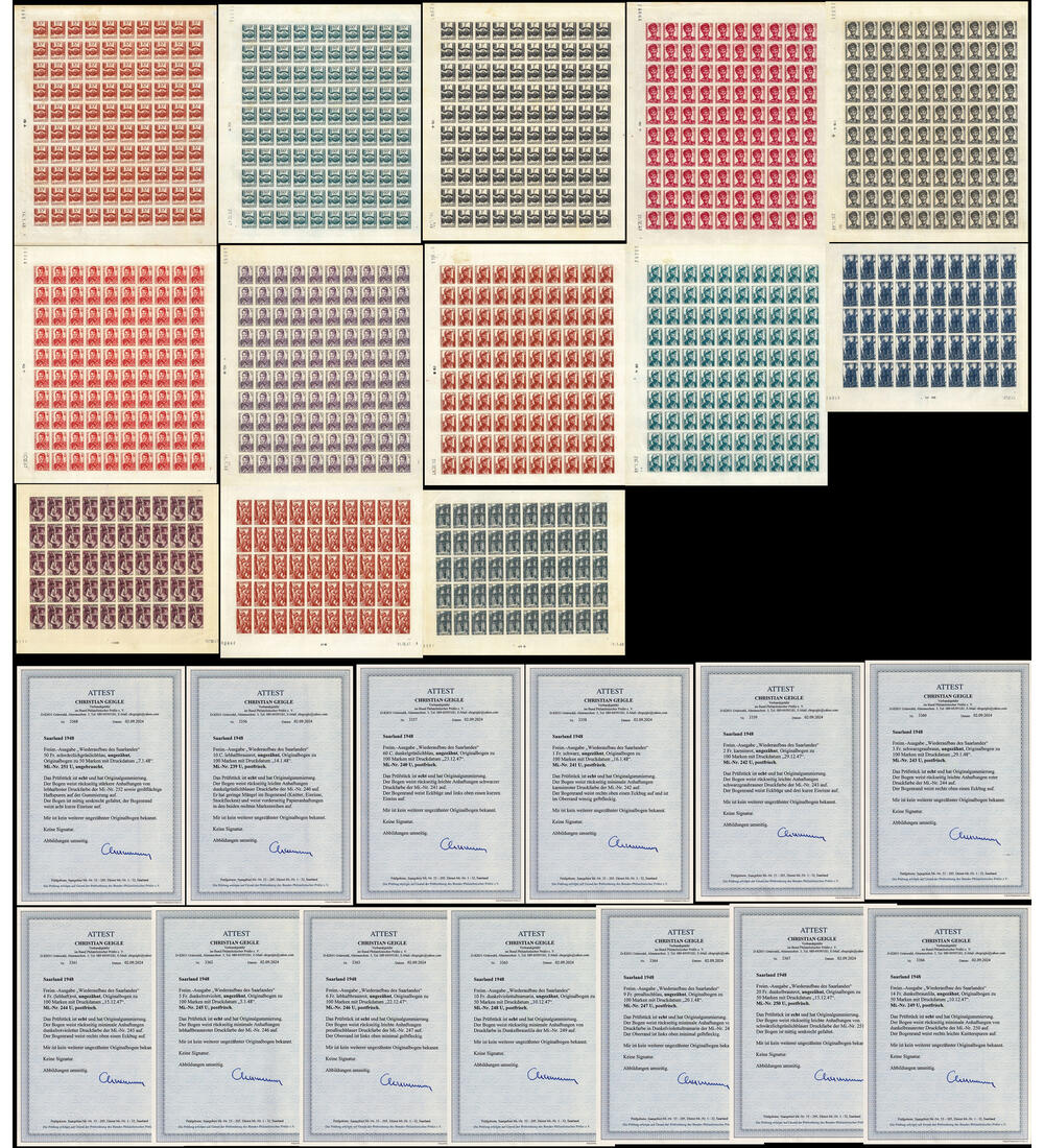 Saarland-Bogenstatz postfrisch Freimarken 1948 ungez�hnt Farbfotoattest Geigle