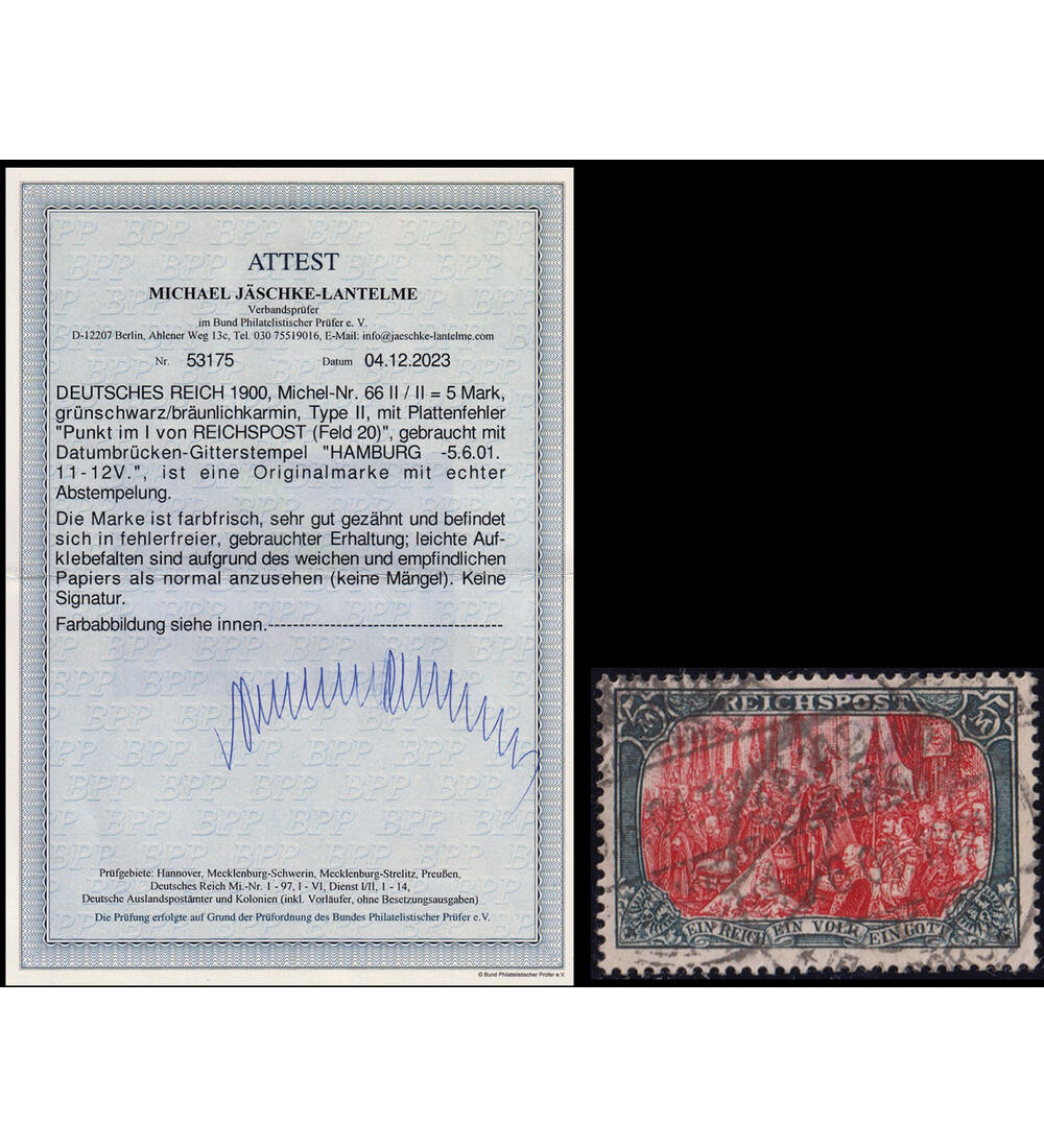 Deutsches Reich 5 Mark Nr. 66 II PF II gestempelt mit Fotoattest Jschke-Lantelme