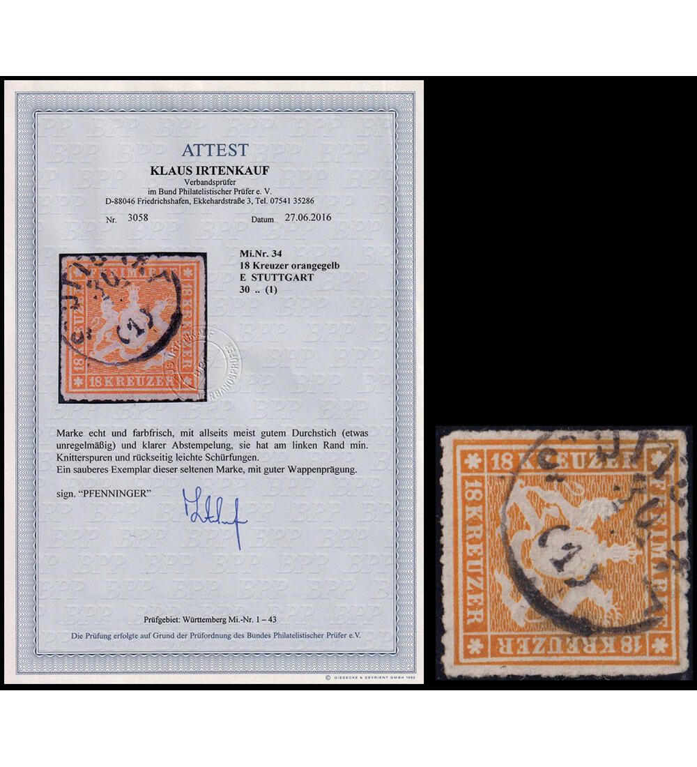 W�rttemberg 18 Kreuzer Nr. 34 gestempelt mit Farbfotoattest