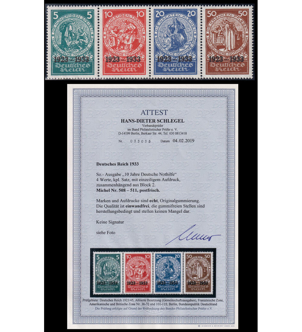Deutsches Reich Nr. 508-511 postfrischer Zusammendruck Farbfotoattest Nothilfe 1933