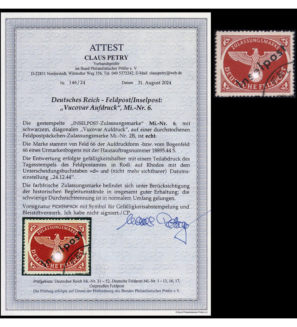 Deutsches Reich Inselpost Nr. 6 gestempelt mit Farbfotoattest Petry Vukovar