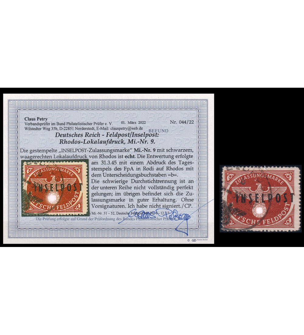 Deutsches Reich Inselpost Nr. 9 gestempelt mit Farb- fotobefund Petry