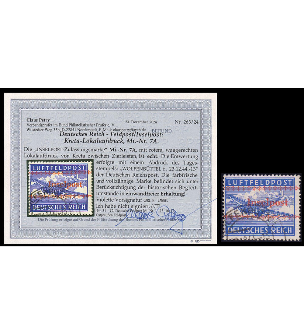 Deutsches Reich Inselpost Nr. 7 A gestempelt mit Farb- fotobefund Petry Kreta