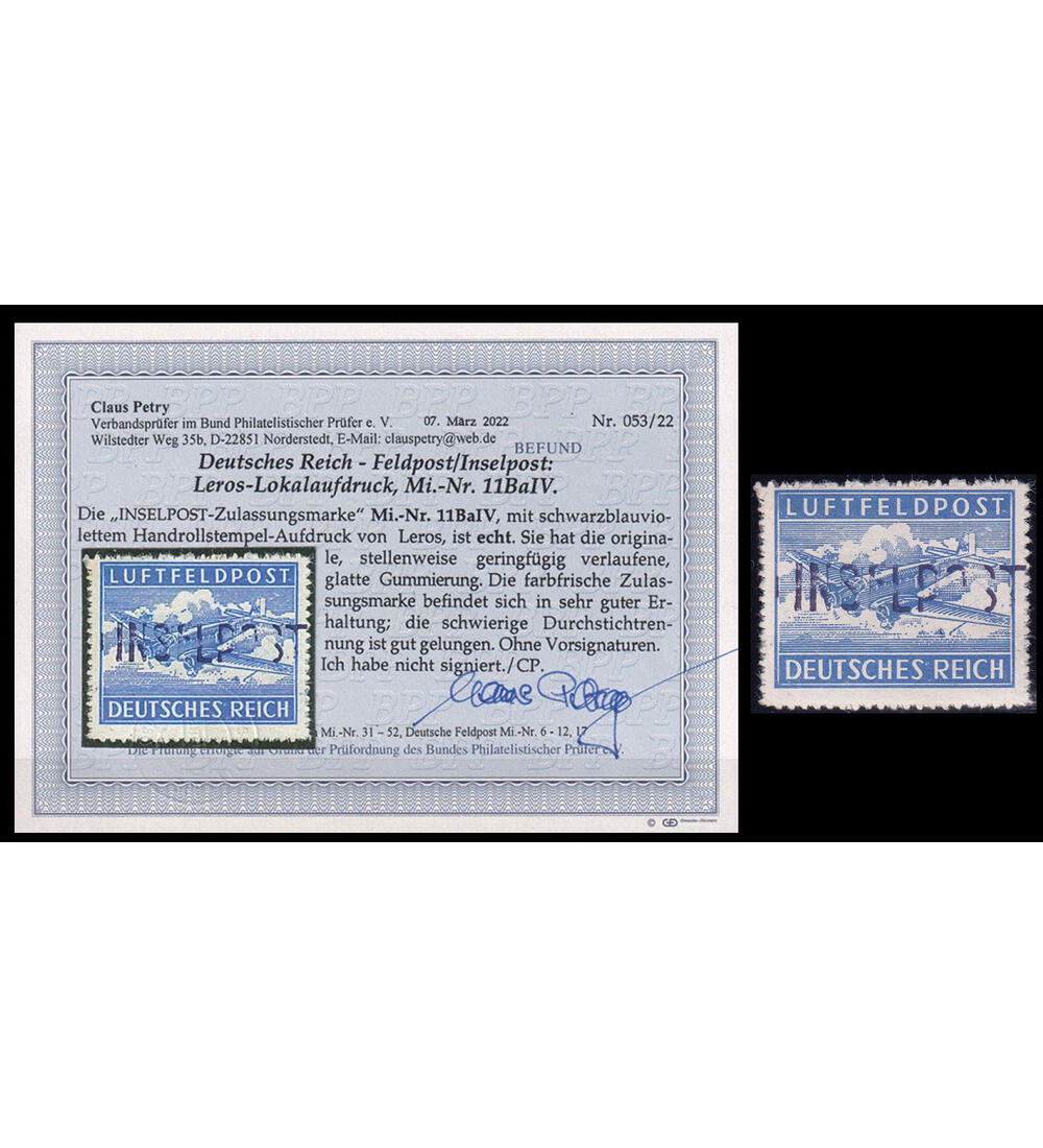 Deutsches Reich Inselpost Nr. 11 B a postfrisch mit Farbfotobefund Petry Leros