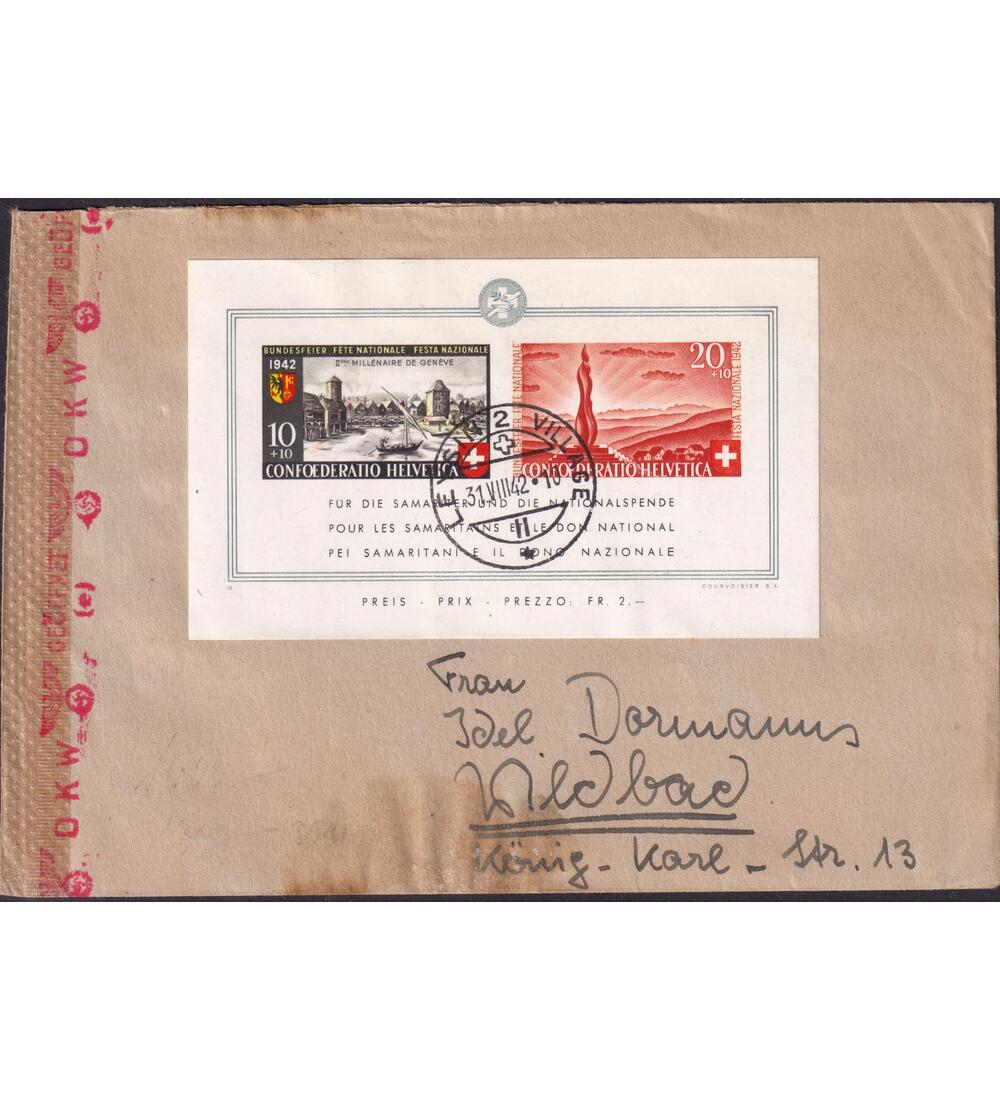 Schweiz - Blockbrief Block 7 auf Bedarfsbrief Pro Patria 1942