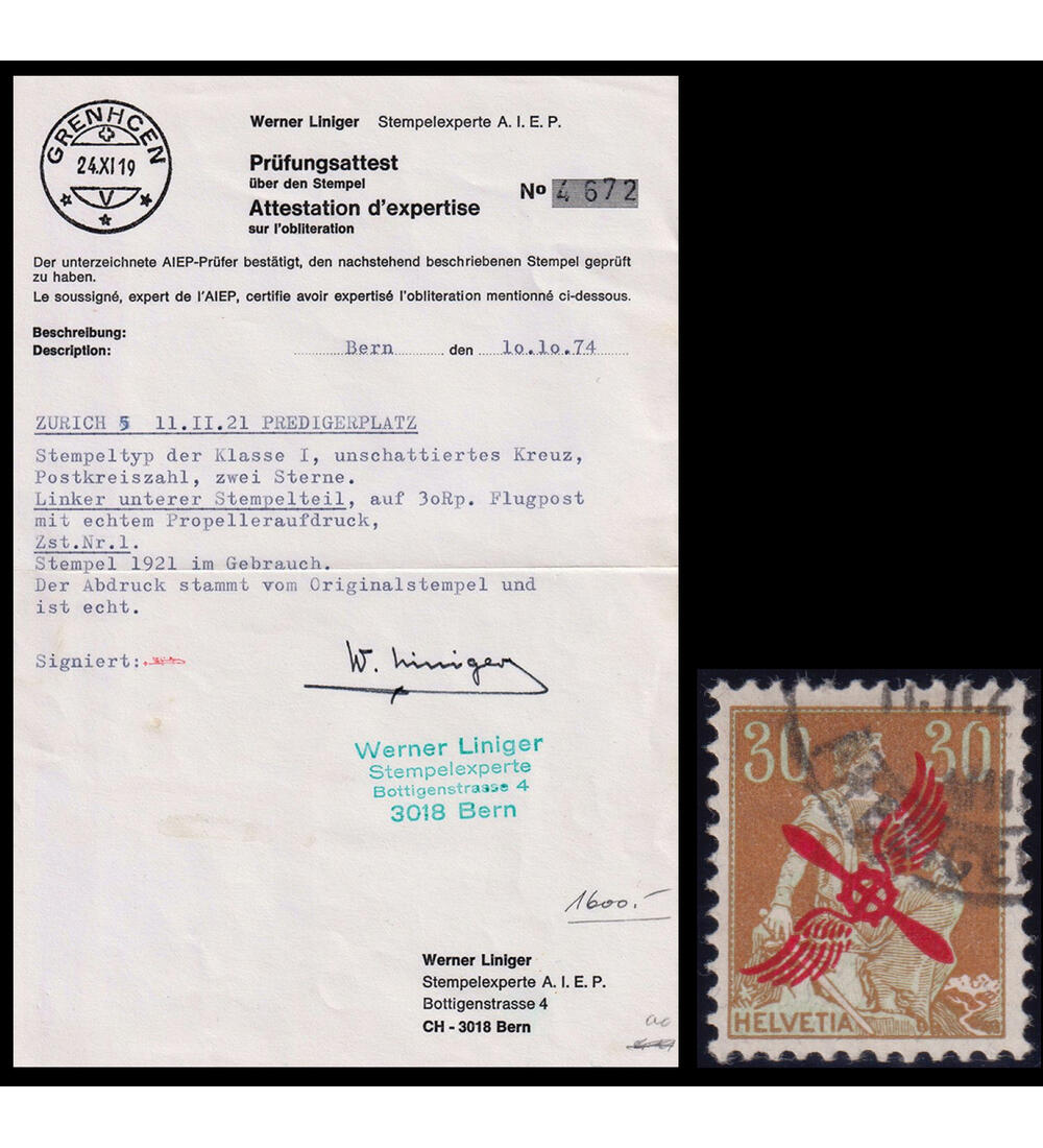 Schweiz Flugpost 1920 Nr. 152 gestempelt, geprft und signiert, Prfungsattest