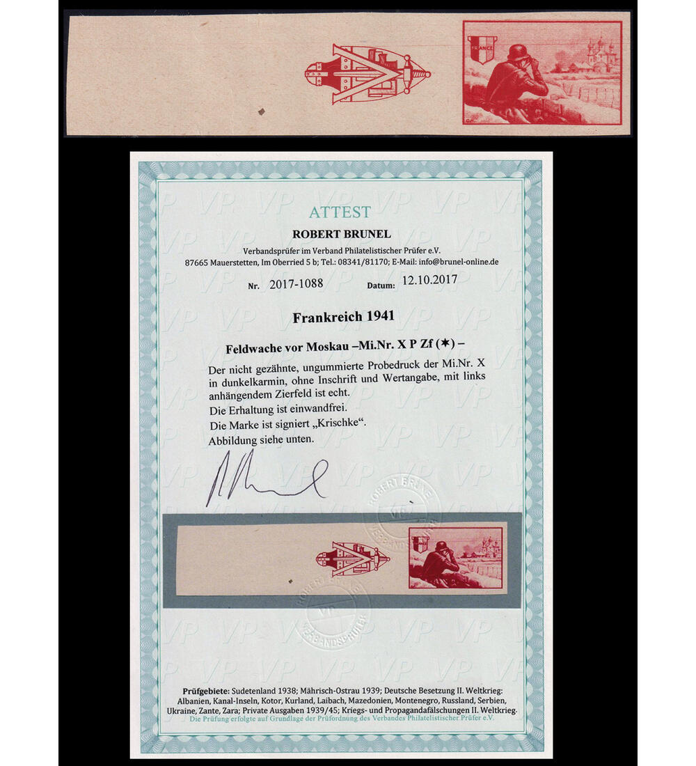 Deutsche Besetzung Frankreich Nr. X P ZF mit Farbfotoattest Feldwache vor Moskau