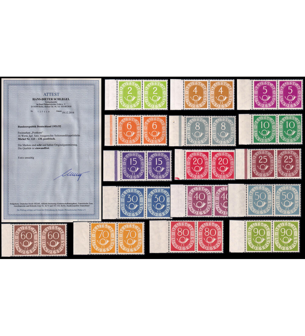 BRD Posthorn - Paarsatz Nr. 123-138 postfrisch vom linken Seitenrand, Fotoattest