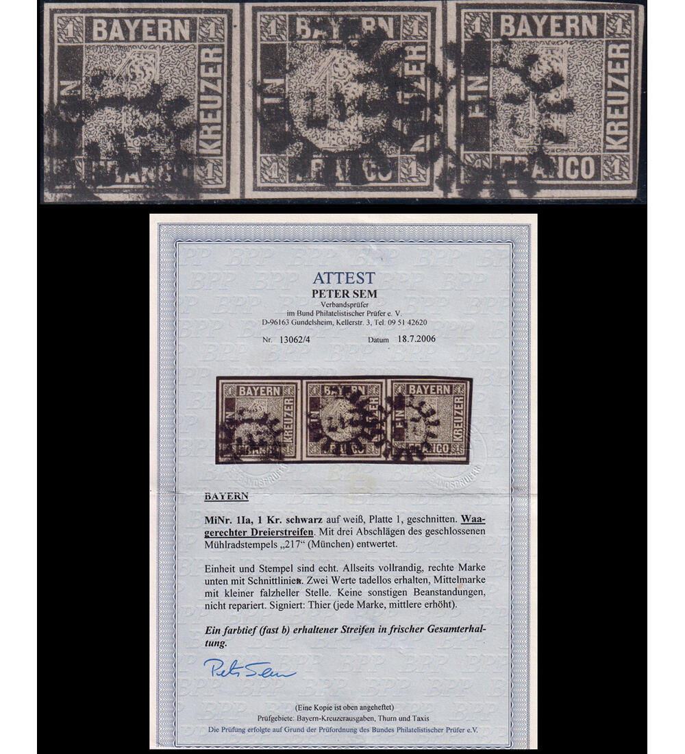 Bayern Einser - Dreierstreifen Nr. 1 I a mit M�hlradstempel und Farbfotoattest Sem