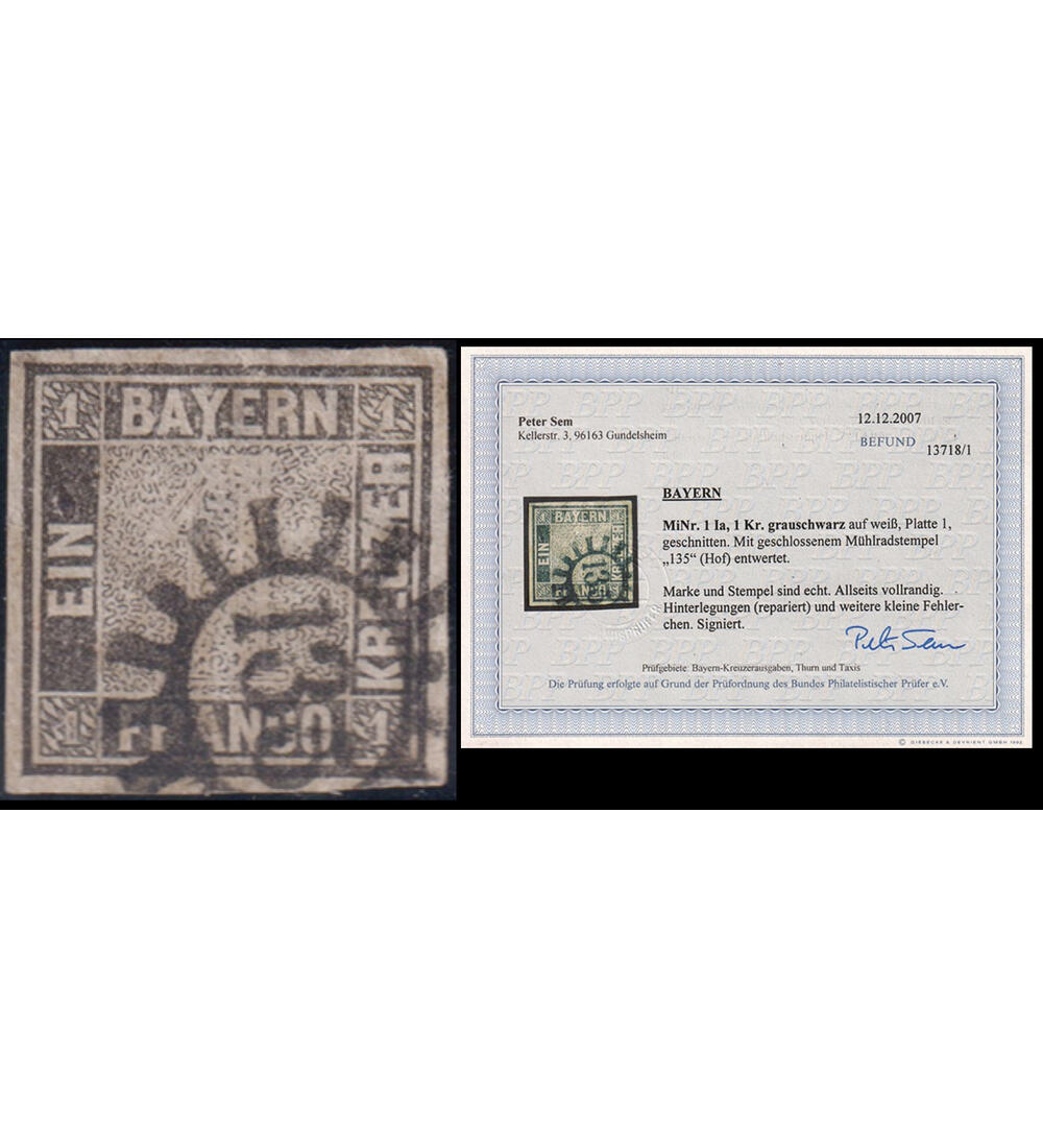 Bayern Einser Nr. 1 von 1849 gestempelt mit Farbfotobefund