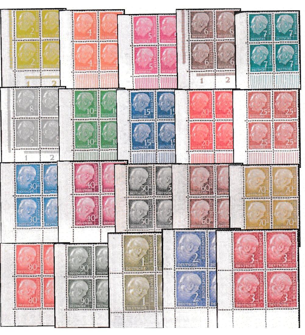 BRD Heuss 1954 postfrisch Nr. 177-196 im Viererblock aus der linken unteren Bogenecke