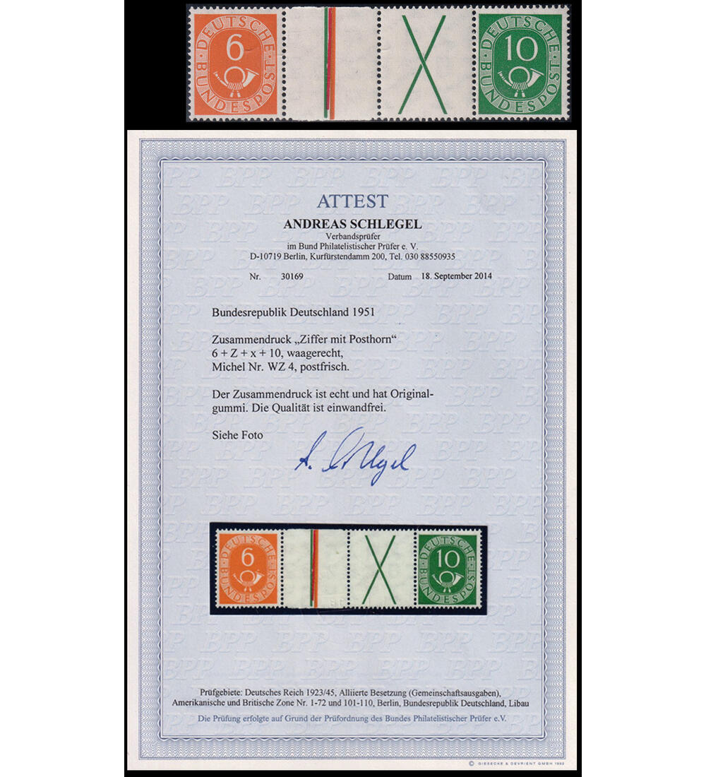 BRD - Zusammendruck Posthorn WZ 4 postfrisch mit Farbfoto- attest Schlegel