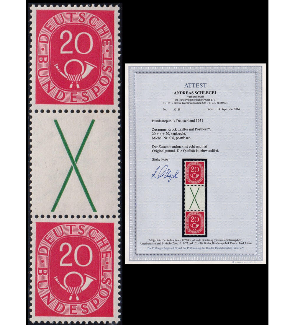 BRD - Zusammendruck Posthorn S 6 postfrisch mit Farbfoto- attest Schlegel