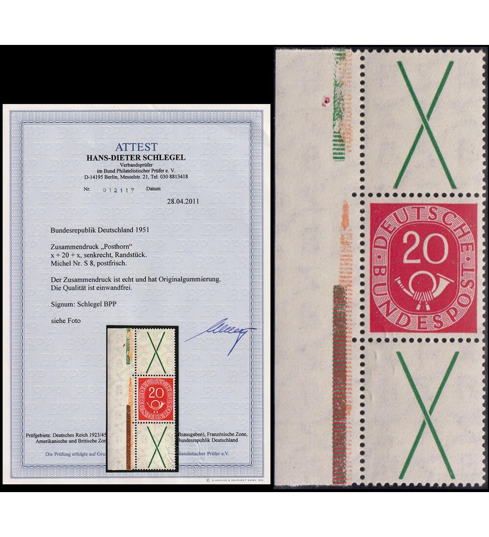 BRD - Zusammendruck Posthorn S 8 postfrisch mit Farbfoto- attest Schlegel