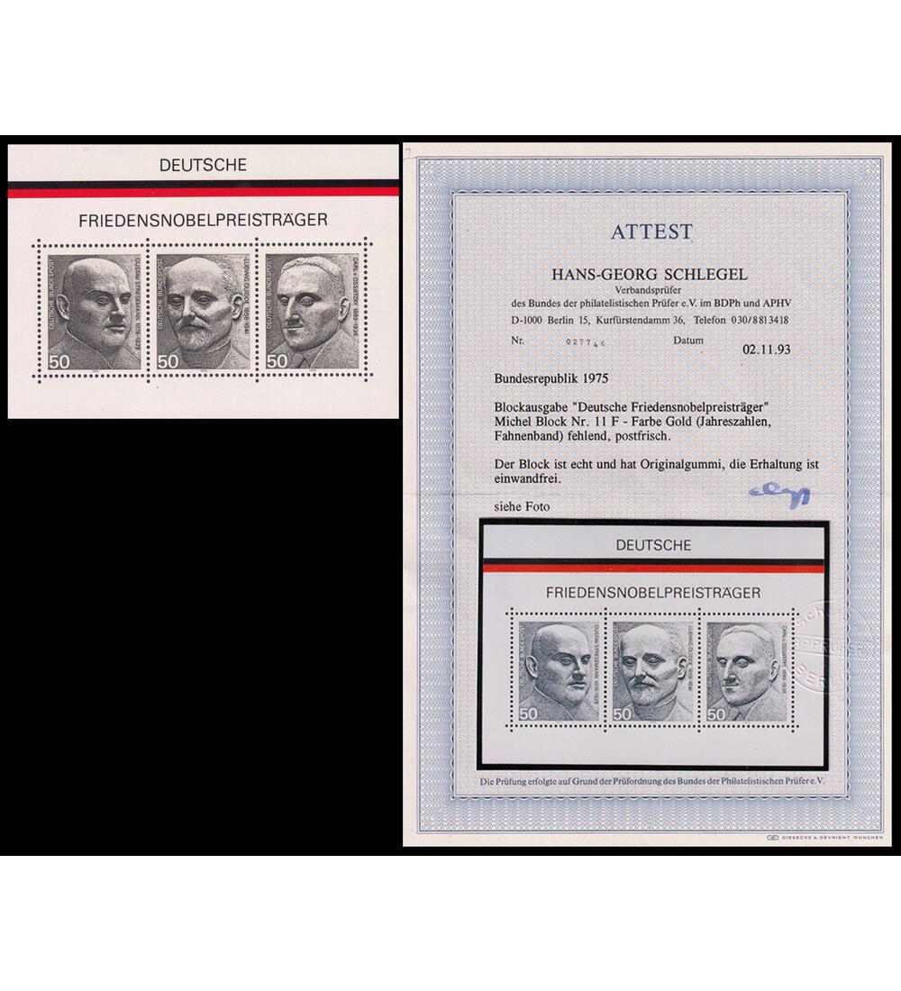 BRD Block 11 F postfrisch ohne Golddruck mit Farbfoto- attest Schlegel